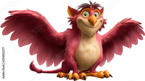 Fabulous Pink Gryphon: A whimsical pink gryphon, a mythical creature, poses with a cheerful expression and spread wings, ready for adventure.