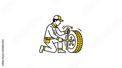 Mechanic Changing Car Tire Vector Illustration