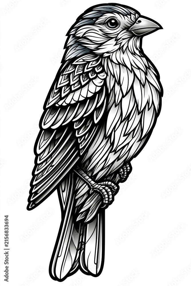 Fototapeta premium Mandala bird coloring page, fantasy-inspired songbird with layered ornamental feathers, detailed black and white line work, adult coloring style., with a focus on magnificent aesthetics and quality