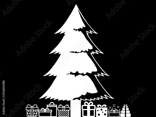 Minimalist Christmas tree silhouette with gift boxes on black background vector