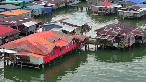 Bajau Laut Floating VIllage, A close up detailed shot. A Big Sea Gypsies Community in Sabah, Malaysia. Aerial View Asia.