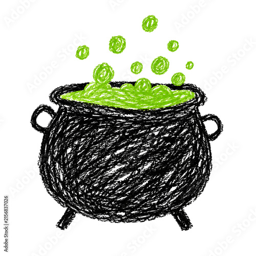Witch Cauldron with Bubbling Green Potion Crayon Scribble Illustration PNG Isolated on White Background