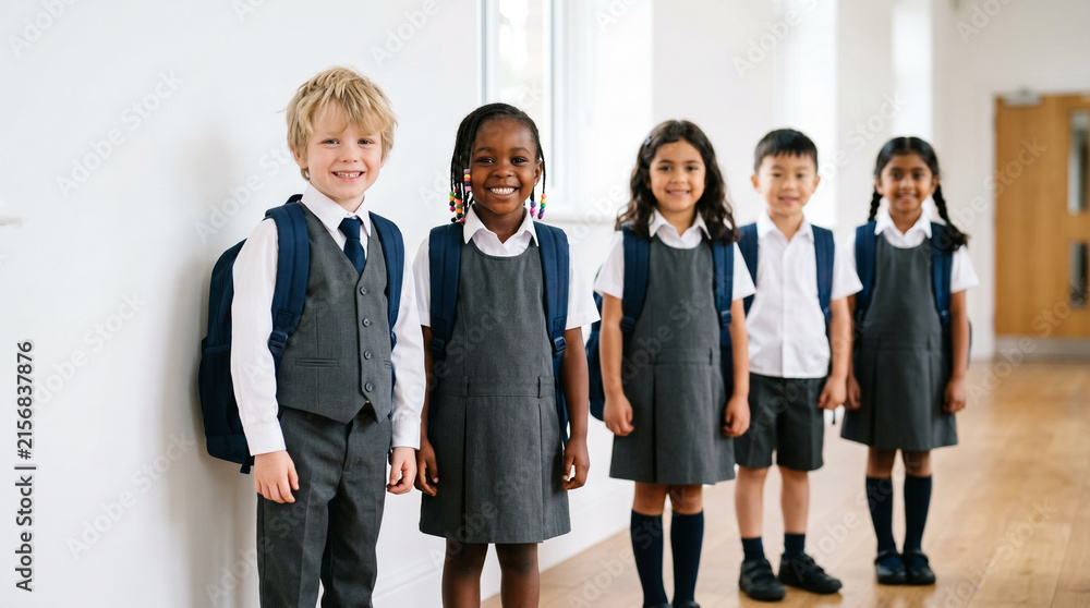 Fototapeta premium School children in grey uniforms stand in a corridor line and smile.