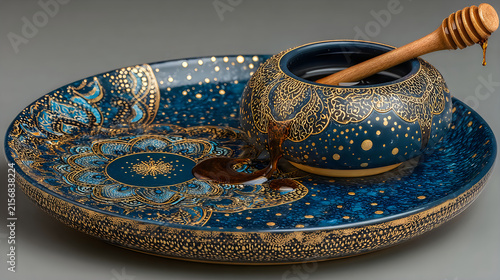 Premium blue honey container decorative platter wooden dipper luxury pictures