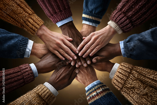 Illustration, multicultural group raising interconnected hands toward the center of the composition, representing unity and shared purpose, sophisticated poster design, harmonious color palette.,