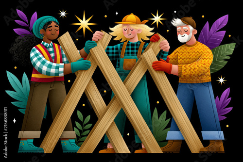 Spectacular and vivid representation of illustration, multicultural volunteers collaborating to build an abstract geometric structure, representing teamwork and collective achievement, editorial art