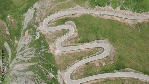 Aerial view of the winding Transalpina road in the Carpathian Mountains on a summer morning