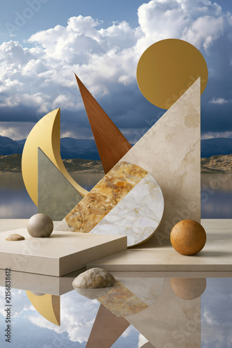 Beautiful and intricate composition showing illustration, abstract landscape composed of diverse geometric elements representing social harmony and shared spaces, soft neutral palette.