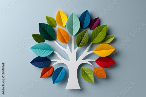 Illustration, symbolic tree with interconnected branches and multicolored leaves, representing unity and growth, elegant poster composition., showcasing incredible natural beauty and rich details