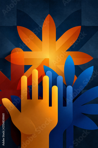 Illustration, layered translucent shapes creating a harmonious composition of unity and empowerment, contemporary social campaign aesthetic., showcasing incredible natural beauty and rich details