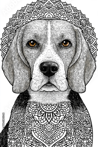 Mandala pet coloring page, playful beagle with symmetrical ornamental patterns and decorative textures, black and white coloring page., with a focus on magnificent aesthetics and quality