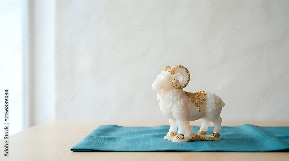 Fototapeta premium Alpaca figurine standing on turquoise fabric mat against white