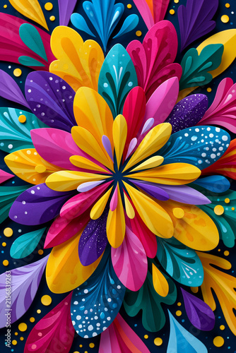 Illustration, vibrant radial composition of organic shapes expressing collective energy and resilience, sophisticated poster design., presented in stunning high resolution for professional use