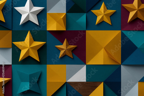 Illustration, colorful origami-inspired shapes assembled into a harmonious community pattern, premium commercial artwork style., showcasing incredible natural beauty and rich details