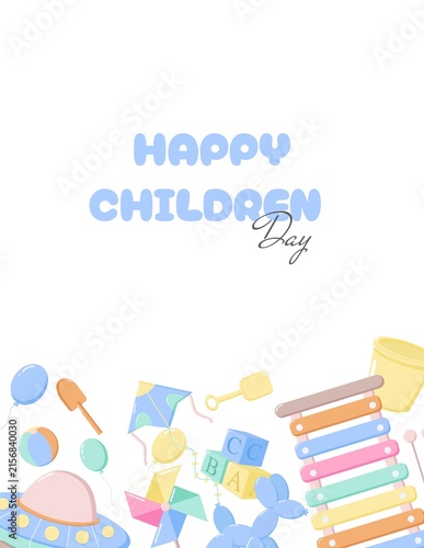 Bright Children s Day greeting card with playful toys including balloons, kites, shovel, books, and alphabet letters, cheerful pastel design with festive text HAPPY CHILDREN Day