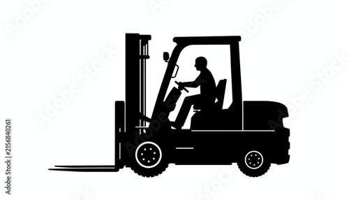 Silhouetted forklift operator driving a modern loader machine on a plain white background for industrial design.