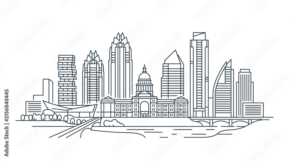 Obraz premium Minimalist line art illustration of a modern city skyline featuring a central domed capitol building, skyscrapers, a river with a bridge, and architectural landmarks on white.