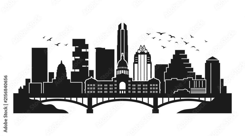 Obraz premium Black and white vector silhouette of the Austin Texas city skyline featuring the State Capitol building, Frost Bank Tower, and Congress Avenue Bridge with birds flying above.