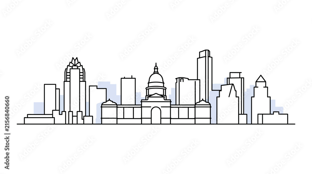 Obraz premium Austin Texas city skyline illustration in a modern flat line art style featuring the State Capitol building, Frost Bank Tower, and The Independent skyscrapers on a white background.