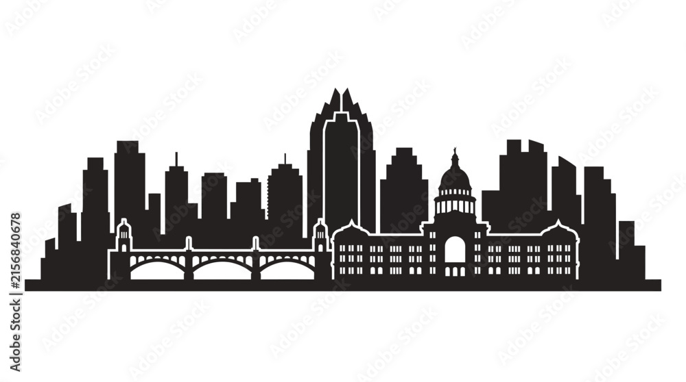 Obraz premium Austin Texas city skyline silhouette vector featuring the Frost Bank Tower, Texas State Capitol building, and Congress Avenue Bridge arches on a clean white background for design.