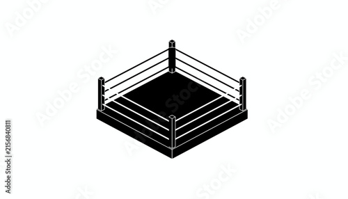 Isometric vector illustration of a professional boxing ring with black floor and white ropes on white background.