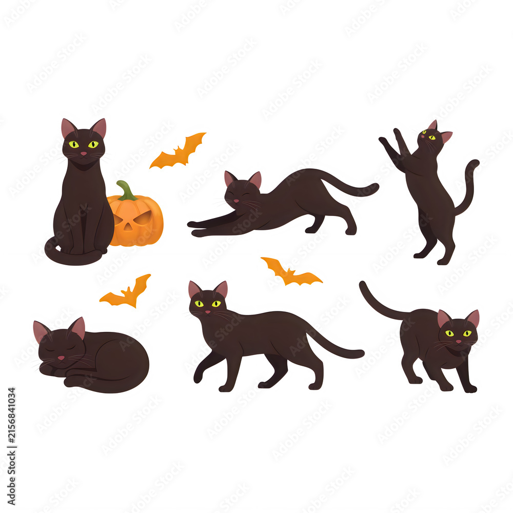 Obraz premium Black cats with pumpkins and bats during Halloween season isolated on transparent background