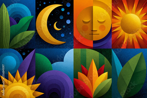 Remarkable and eye-catching visual of illustration, modern mural-inspired artwork featuring balanced colorful shapes and patterns representing social cohesion.