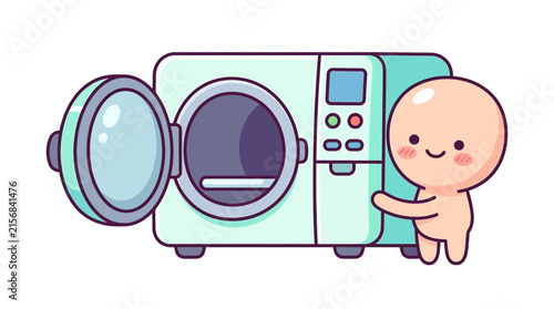 Cute character operating a medical autoclave sterilizer machine