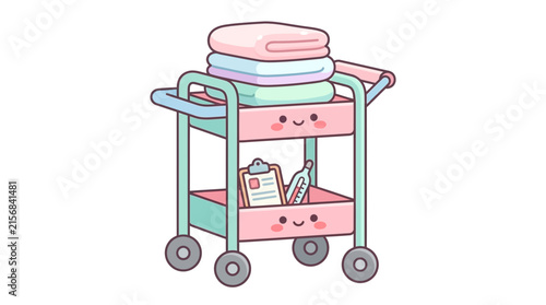 Cute medical trolley with folded towels and clipboard