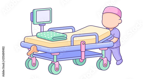 Medical professional pushing a hospital gurney with monitor