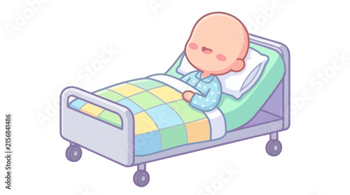 Cute patient resting in a hospital bed with colorful blanket