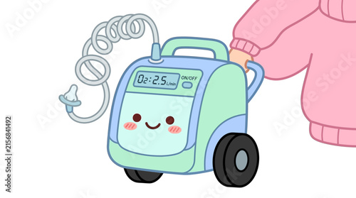 Cute mobile oxygen concentrator being pulled on wheels
