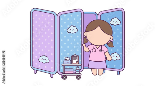 Cute nurse standing next to a medical privacy screen