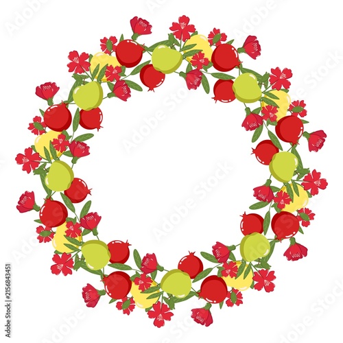 Colorful wreath of pomegranates, apples, lemons, and flowers with green leaves, festive design for Rosh Hashanah
