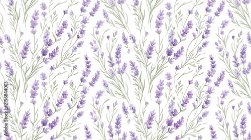 Soft purple lavender watercolor floral seamless pattern on white background for gentle botanical textile design concept.