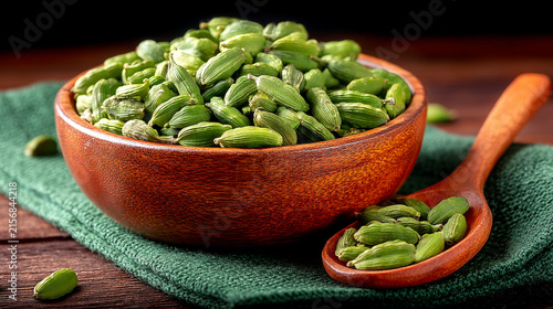Green cardamom pods in rustic wooden bowl with spoon cardamom seasoning aromatic culinary