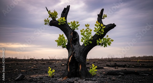 Hopeful regrowth: Charred tree sprouts new leaves after wildfire, symbolizing resilience