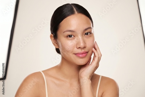 Beauty Portrait of a Young Asian Woman Touching Her Face