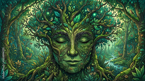 Mystical Tree Spirit Face in Enchanted Forest, Fantasy Nature and Magical Woodland Illustration