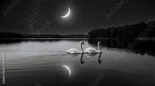Two swans swimming on a lake under a crescent moon at night illustration