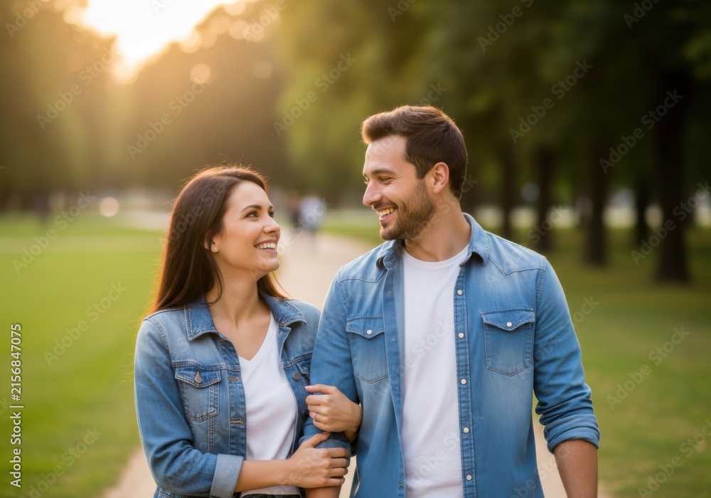 Fototapeta premium Smiling Couple Walking Arm in Arm in a Park During Golden Hour