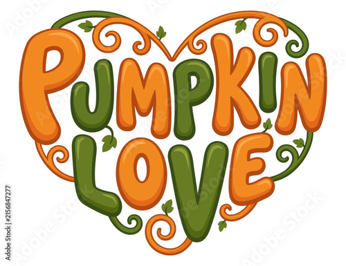Pumpkin Love heart shaped text design for autumn seasonal greeting cards and fall decor.