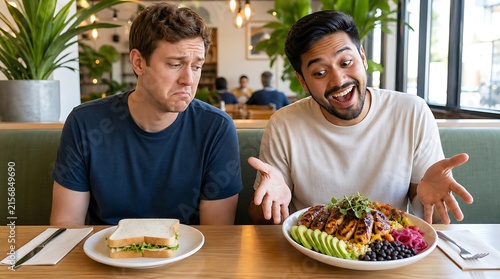 Sad man with plain sandwich looking envious at friend's huge healthy grain bowl, food envy concept