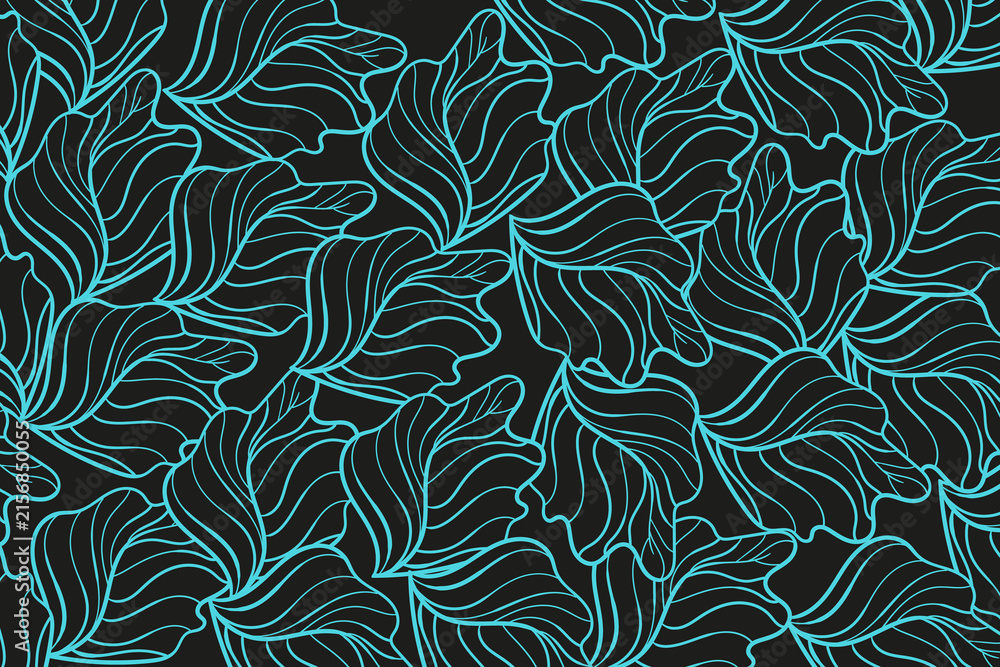 Fototapeta premium Abstract botanical line art pattern featuring cyan teal organic leaf shapes with flowing wavy contours over a dark charcoal black background for modern aesthetic design.