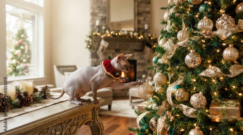 Fototapeta premium Sphynx cat wearing a festive collar curiously touches a Christmas tree ornament