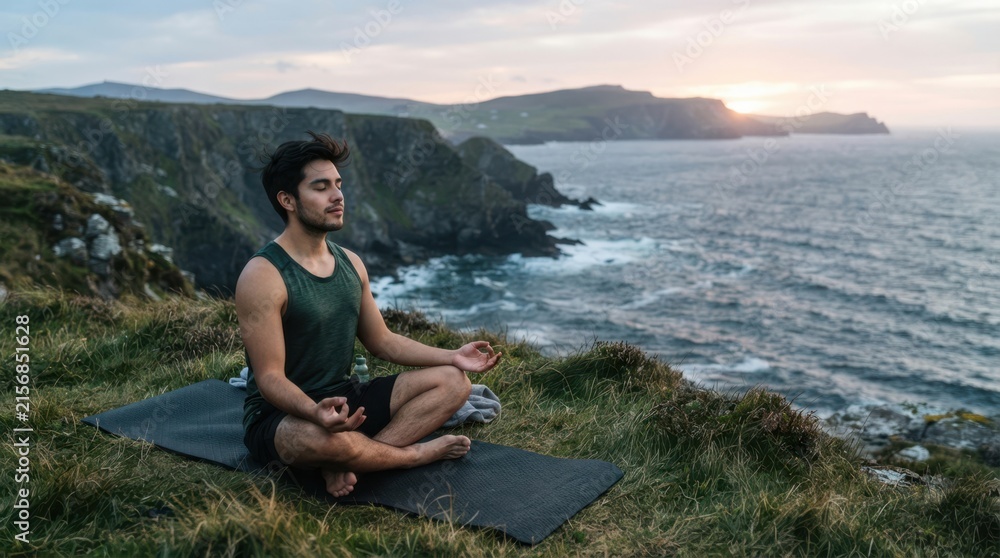 Fototapeta premium Man meditating peacefully on a cliff overlooking the ocean at sunset