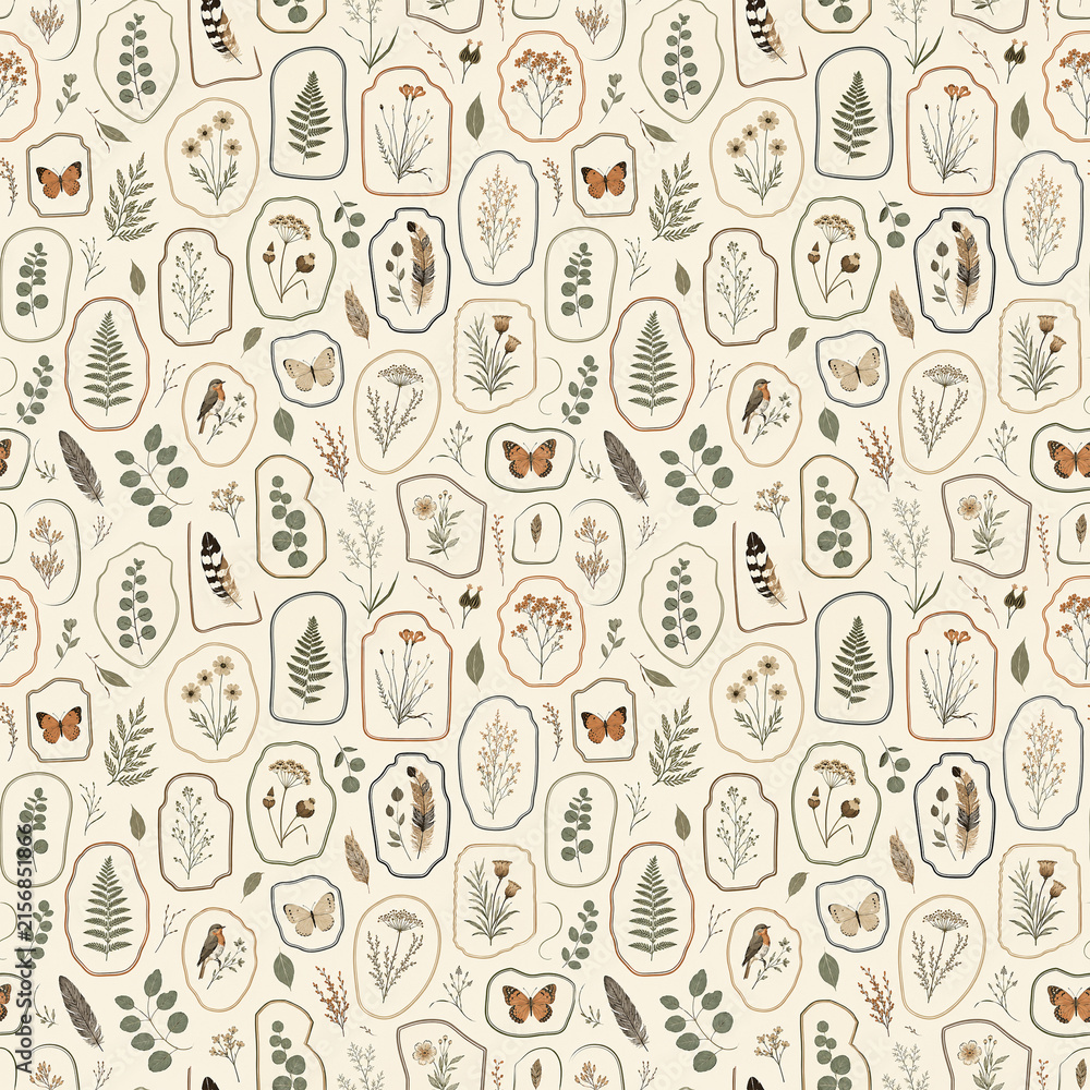 Naklejka premium Floating Herbarium Frames with Pressed Flowers Botanical Seamless Pattern Background