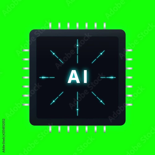 AI chip with glowing pulses on green. AI computer chip with glowing pulses for technology concepts