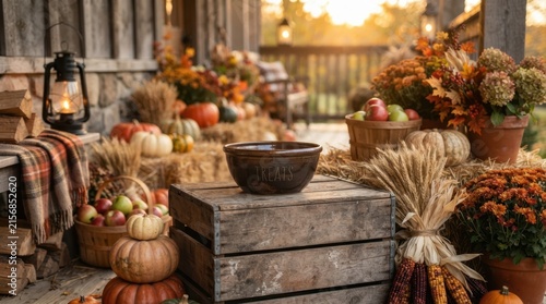 Cozy autumn porch decoration with pumpkins, mums, and fall harvest bounty