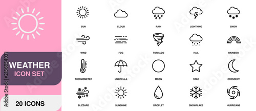Weather forecast icons set with sun cloud rain wind snow and storm symbols for meteorological information